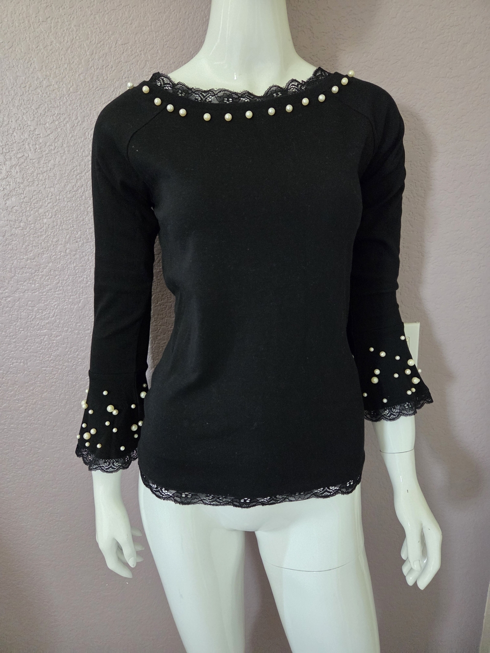 Black Pearl-Trim Lace Top - Women